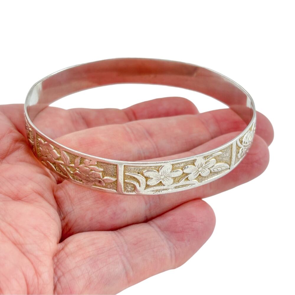 Vintage Sterling Silver 925 Floral Bangle Bracelet 9"